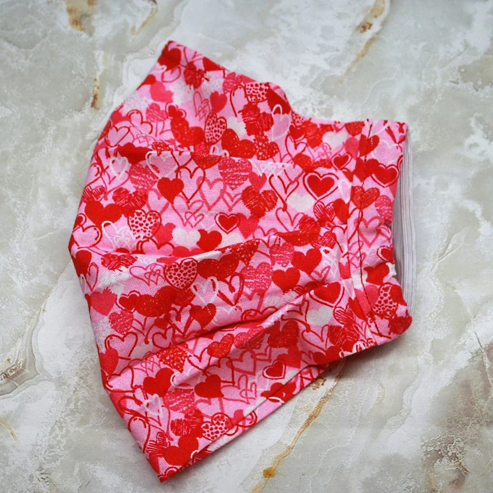 HAND CRAFTED Face Mask Hearts Pink Adult Cloth Fabric Print - Pocket Style